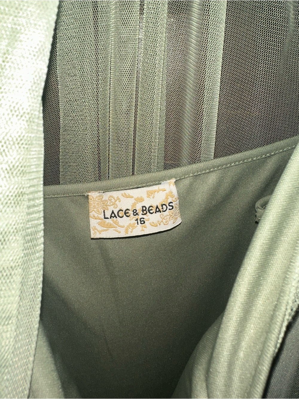 Lace & Beads Olive Green Maxi Mesh Dress with Ruffle Hem - Picture 3 of 7